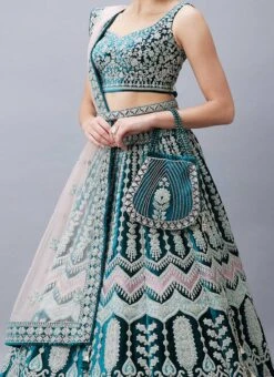 German Blue Velvet Resham N Hand Work Umbrella Lehenga Choli With Dupatta Wedding Wear