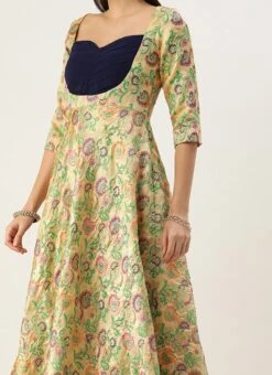 Beige Art Silk Jacquard Pleated Yoke Gown Wedding Wear