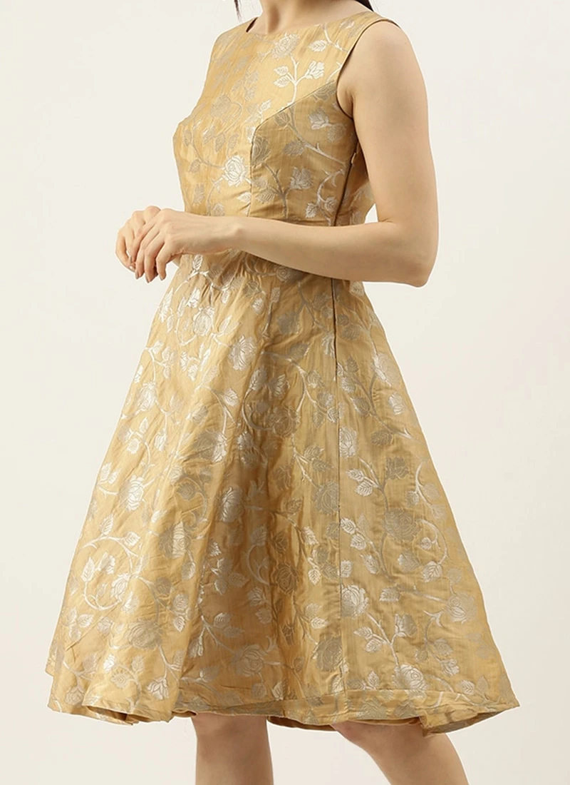 Beige Brocade Boat Neck Flared Dress Festive Wear 1 Beige Brocade Boat Neck Flared Dress Festive Wear