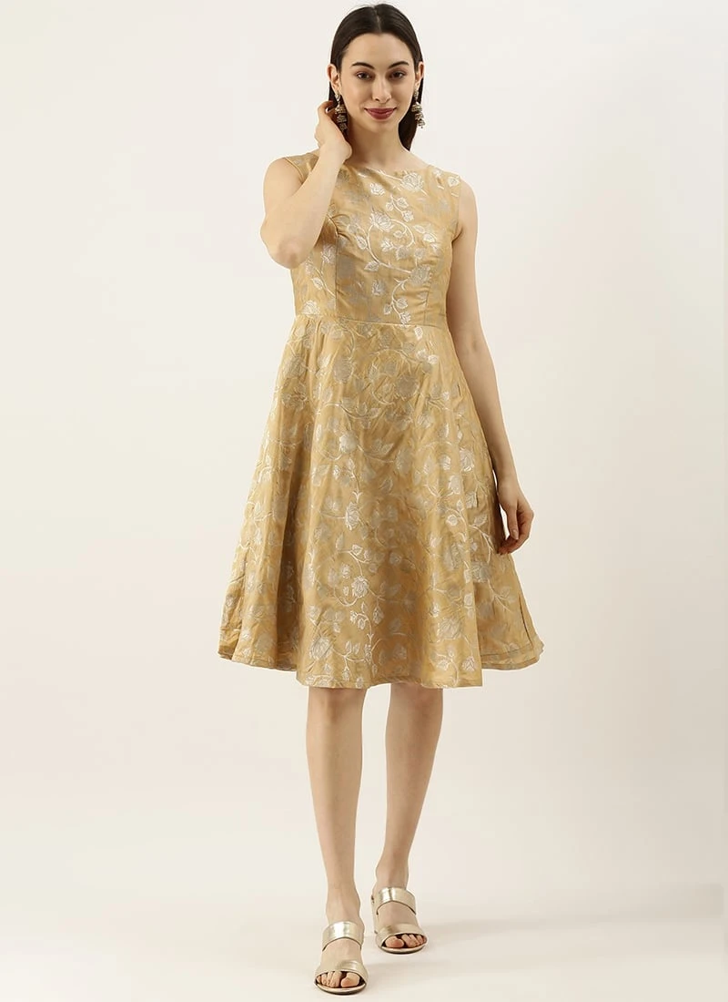 Beige Brocade Boat Neck Flared Dress Festive Wear 3 Beige Brocade Boat Neck Flared Dress Festive Wear - Image 3