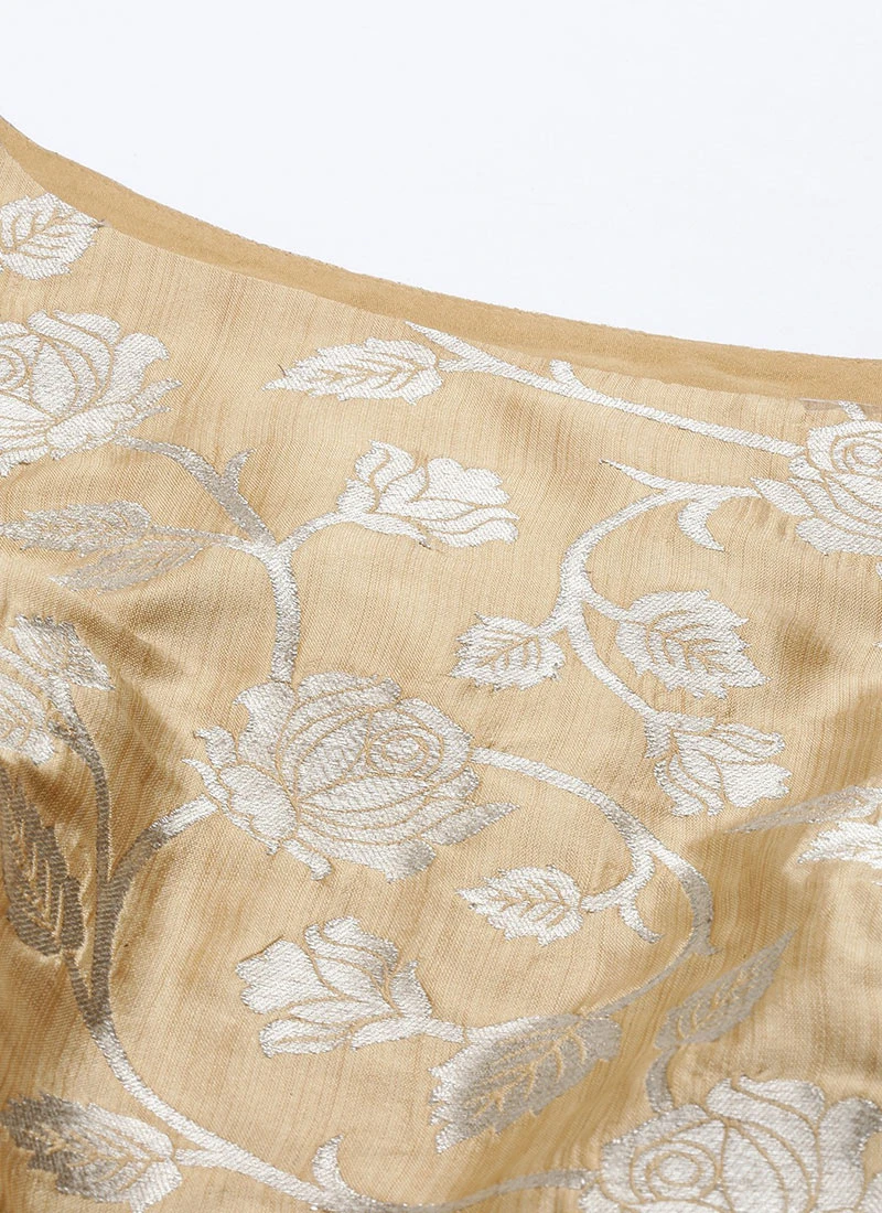 Beige Brocade Boat Neck Flared Dress Festive Wear 5 Beige Brocade Boat Neck Flared Dress Festive Wear - Image 5