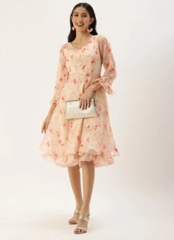 Beige Organza Ruffle Dress Party Wear -Deals Chic Lehenga Store Beige Organza Ruffle Dress DRBS02203561 u