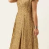 Beige Printed Rayon Calf Length Dress Work Wear