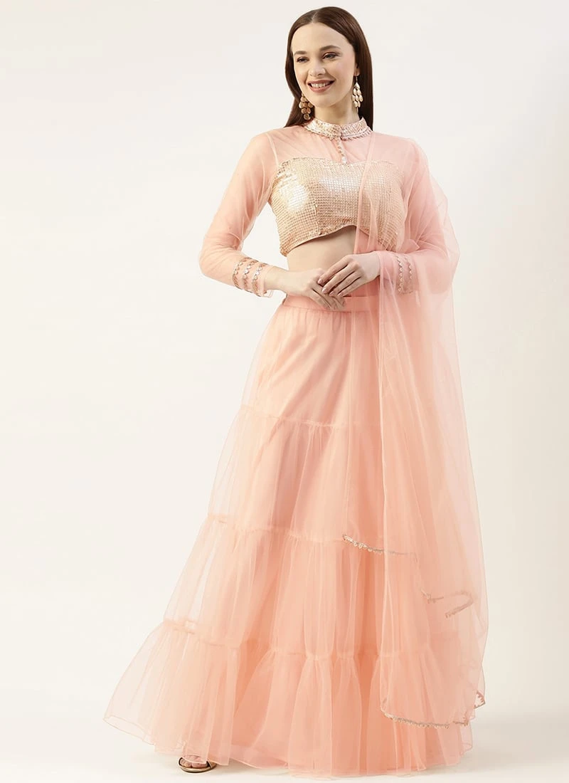 Dupatta From Beige Sequins Embroidered Tiered Lehenga Set After Six Wear 3 Dupatta From Beige Sequins Embroidered Tiered Lehenga Set After Six Wear - Image 3