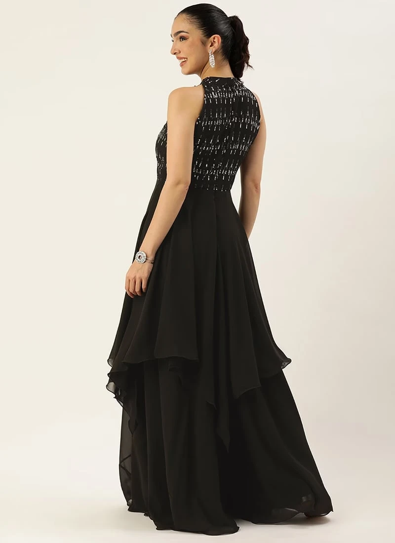 Black Embroidered Halter Neck Gown Festive Wear 4 Black Embroidered Halter Neck Gown Festive Wear - Image 4
