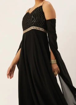 Black Embroidered Jumpsuit With Detachable Sleeve Festive Wear Party Wear