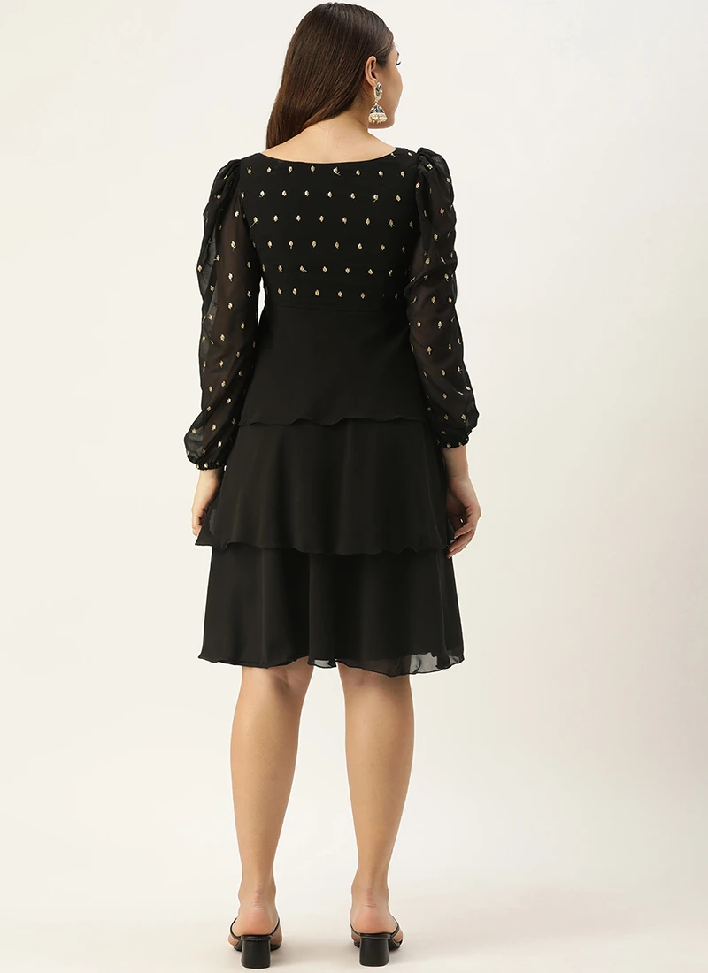 Black Georgette Embroidered Layered Dress Party Wear 4 Black Georgette Embroidered Layered Dress Party Wear - Image 4