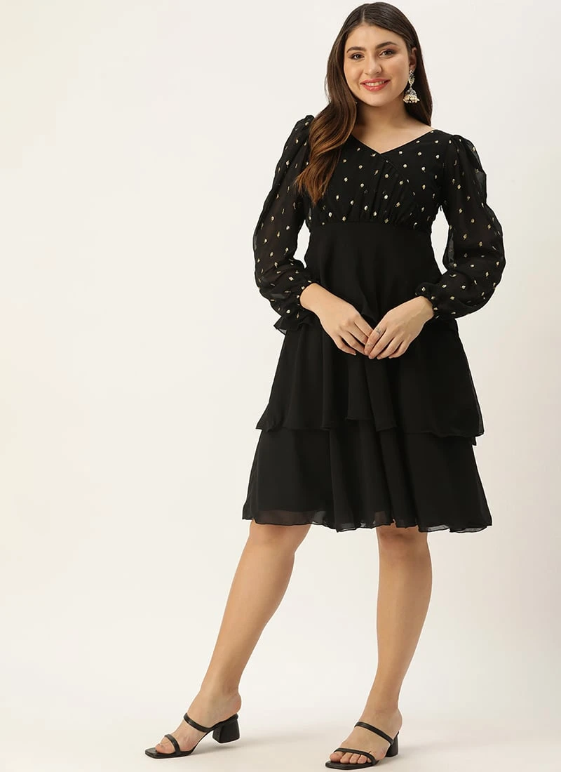 Black Georgette Embroidered Layered Dress Party Wear 3 Black Georgette Embroidered Layered Dress Party Wear - Image 3