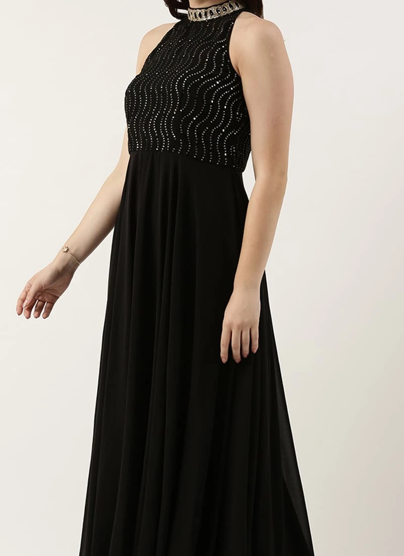 Black Georgette Sequins Gown Party Wear 1 Black Georgette Sequins Gown Party Wear