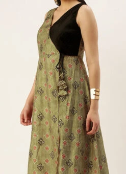 Dupatta From Black N Green Printed Art Silk Anarkali Set After Six Wear