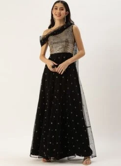 Black Net Embroidered One Shoulder Gown Party Wear -Deals Chic Lehenga Store Black Net Embroidered One Shoulder Gown IWBS02204712 u