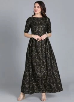Black Printed Rayon Boat Neck Gown After Six Wear -Deals Chic Lehenga Store Black Printed Rayon Boat Neck Gown IWBS01909988 u