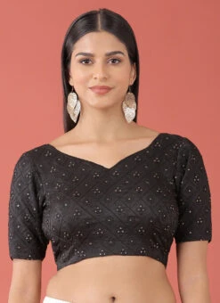 Black Raw Silk Embroidery Work Blouse Party Wear -Deals Chic Lehenga Store Black Raw Silk Embroidery Work Blouse BLSPFB139B u