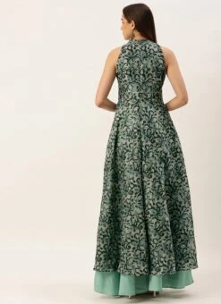 Blue Art Silk Digital Printed Halter Neck Dress Festive Wear -Deals Chic Lehenga Store Blue Art Silk Digital Printed Halter Neck Dress DRBS02210995 b