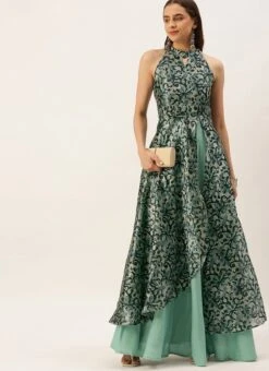 Blue Art Silk Digital Printed Halter Neck Dress Festive Wear -Deals Chic Lehenga Store Blue Art Silk Digital Printed Halter Neck Dress DRBS02210995 u