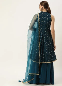 Dupatta From Blue Art Silk Halter Neck Sharara Suit After Six Wear -Deals Chic Lehenga Store Blue Art Silk Halter Neck Sharara Suit SLBS02305247 b