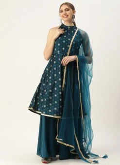 Top From Blue Art Silk Halter Neck Sharara Suit After Six Wear -Deals Chic Lehenga Store Blue Art Silk Halter Neck Sharara Suit SLBS02305247 u 2