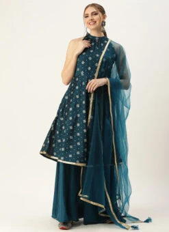 Dupatta From Blue Art Silk Halter Neck Sharara Suit After Six Wear -Deals Chic Lehenga Store Blue Art Silk Halter Neck Sharara Suit SLBS02305247 u