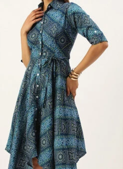 Blue Chanderi Art Silk Handkerchief Style Dress After Six Wear