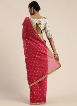 Blue Chinon Blouse N Pink Embroidered Saree Wedding Wear -Deals Chic Lehenga Store Blue Chinon Blouse N Pink Embroidered Saree SABS02006242 b