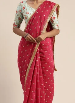 Blue Chinon Blouse N Pink Embroidered Saree Wedding Wear