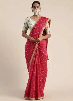 Blue Chinon Blouse N Pink Embroidered Saree Wedding Wear -Deals Chic Lehenga Store Blue Chinon Blouse N Pink Embroidered Saree SABS02006242 u