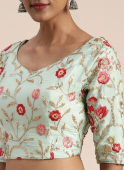 Blue Chinon Blouse N Pink Embroidered Saree Wedding Wear -Deals Chic Lehenga Store Blue Chinon Blouse N Pink Embroidered Saree SABS02006242 rrc1