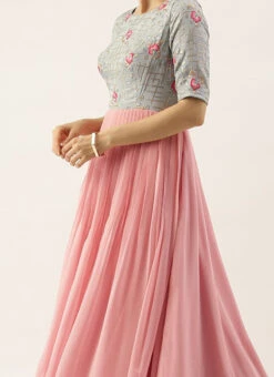 Blue Chinon Embroidered N Pink Gown Festive Wear
