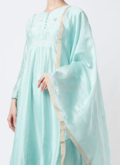 Blue Chinon Silk Embroidered Anarkali Suit Wedding Wear