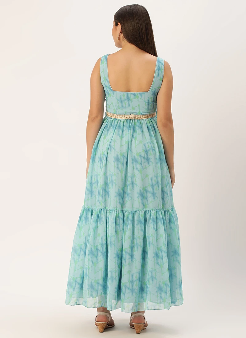 Blue Digital Print Tiered Dress Festive Wear 4 Blue Digital Print Tiered Dress Festive Wear - Image 4