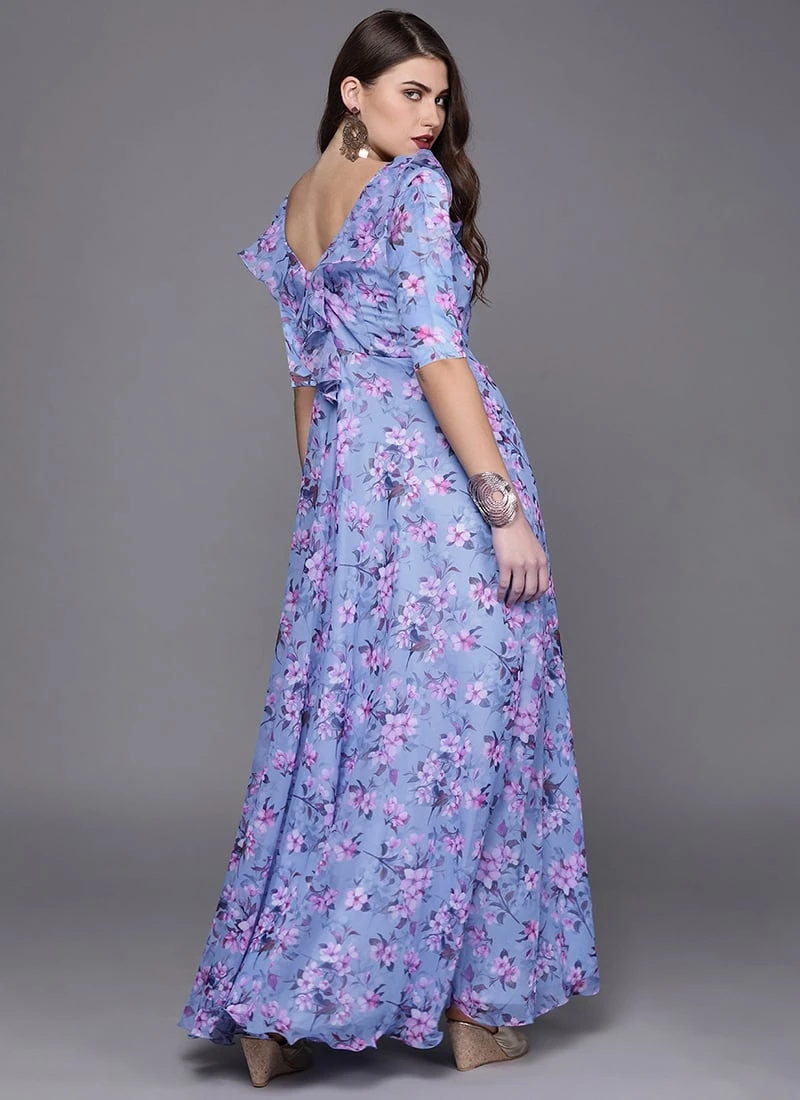 Blue Digital Print V Neck Gown Party Wear 4 Blue Digital Print V Neck Gown Party Wear - Image 4