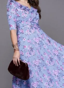 Blue Digital Print V Neck Gown Party Wear