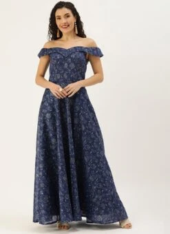 Blue Digital Printed Art Silk Off Shoulder Dress After Six Wear -Deals Chic Lehenga Store Blue Digital Printed Art Silk Off Shoulder Dress DRBS02109715 u