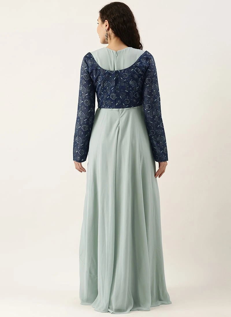 Blue Digital Printed Jacket Slit Style Dress Festive Wear 4 Blue Digital Printed Jacket Slit Style Dress Festive Wear - Image 4