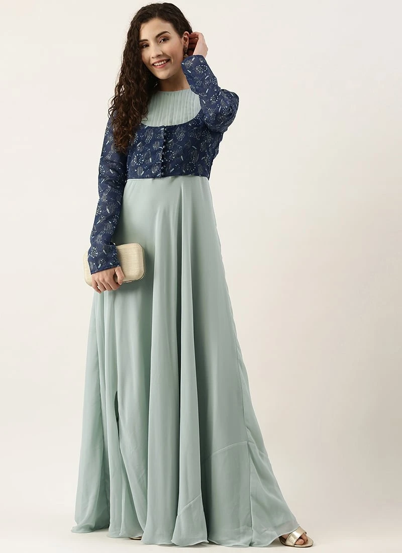 Blue Digital Printed Jacket Slit Style Dress Festive Wear 3 Blue Digital Printed Jacket Slit Style Dress Festive Wear - Image 3