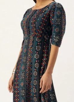 Blue Digital Printed Maxi Dress Party Wear