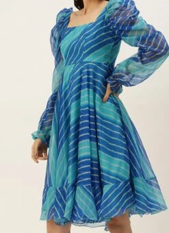 Blue Digital Printed Organza Dress Party Wear After Six Wear