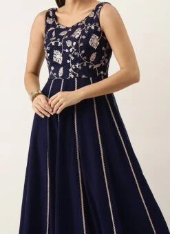 Blue Embroidered Kali Gown Party Wear