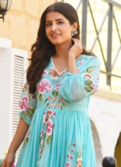 Blue Faux Chiffon Digital Print Fit And Flare Dress After Six Wear -Deals Chic Lehenga Store Blue Faux Chiffon Digital Print Fit And Flare Dress DRSSUF1302 b