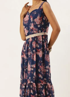 Blue Georgette Digital Printed Tiered Dress Festive Wear