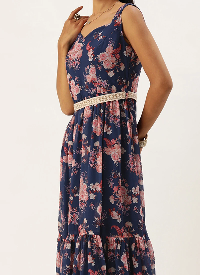 Blue Georgette Digital Printed Tiered Dress Festive Wear 1 Blue Georgette Digital Printed Tiered Dress Festive Wear