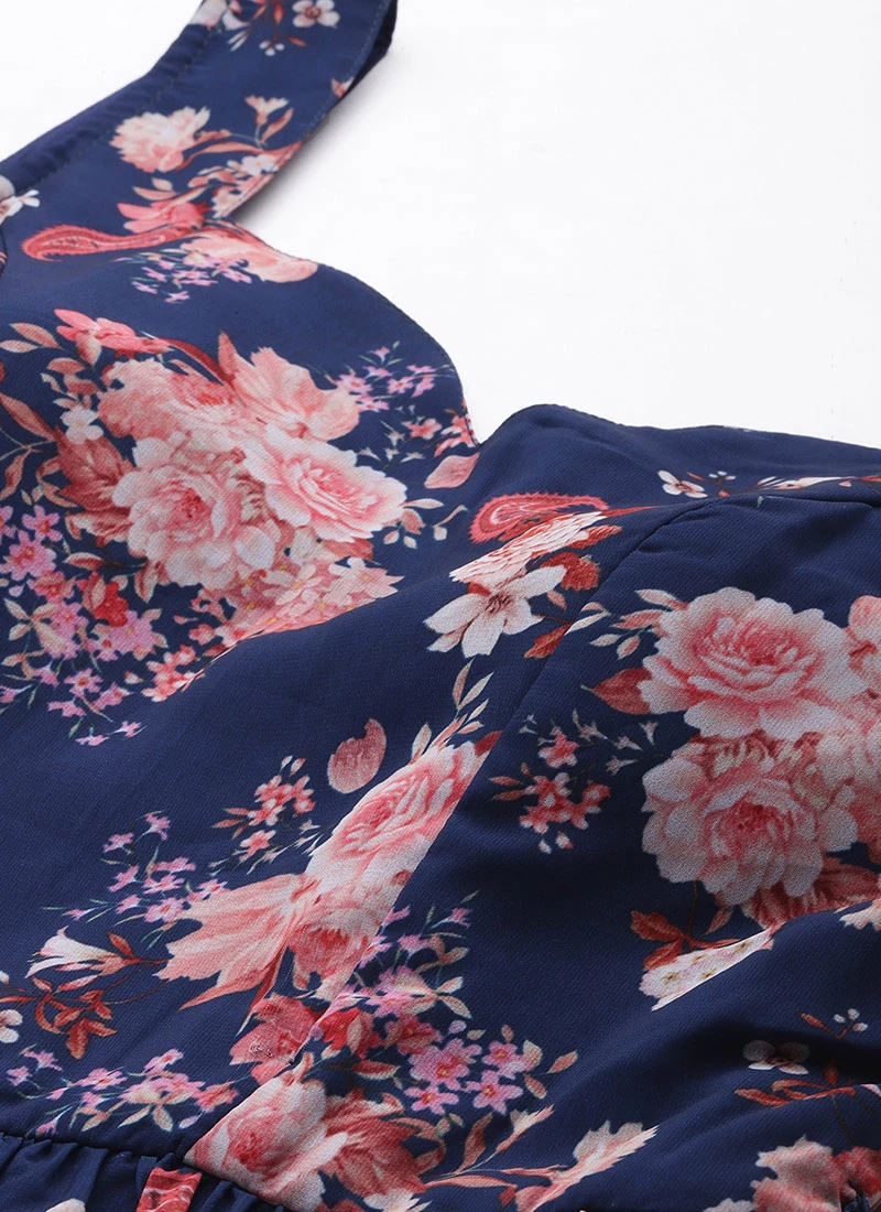 Blue Georgette Digital Printed Tiered Dress Festive Wear 5 Blue Georgette Digital Printed Tiered Dress Festive Wear - Image 5