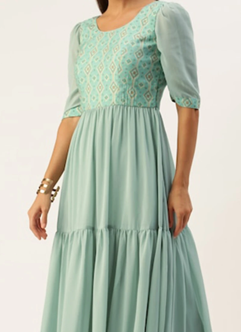 Blue Modal Satin N Geogette Flare Dress Festive Wear 1 Blue Modal Satin N Geogette Flare Dress Festive Wear