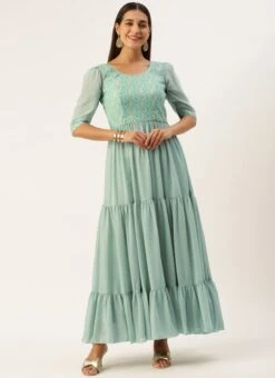 Blue Modal Satin N Geogette Flare Dress Festive Wear 10 Blue Modal Satin N Geogette Flare Dress Festive Wear -Deals Chic Lehenga Store Blue Modal Satin N Geogette Flare Dress DRBS02301788 u