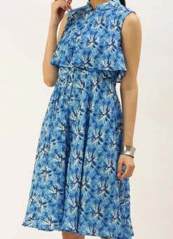 Blue Muslin Printed Mini Dress Party Wear