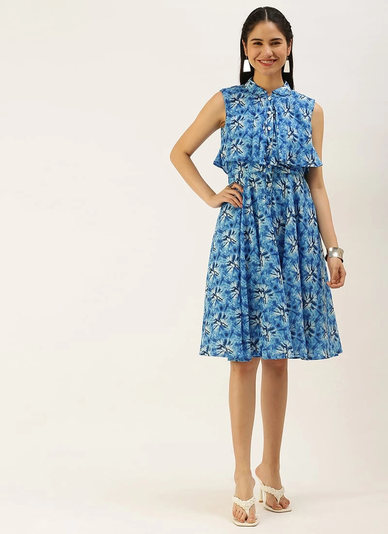 Blue Muslin Printed Mini Dress Party Wear 3 Blue Muslin Printed Mini Dress Party Wear - Image 3