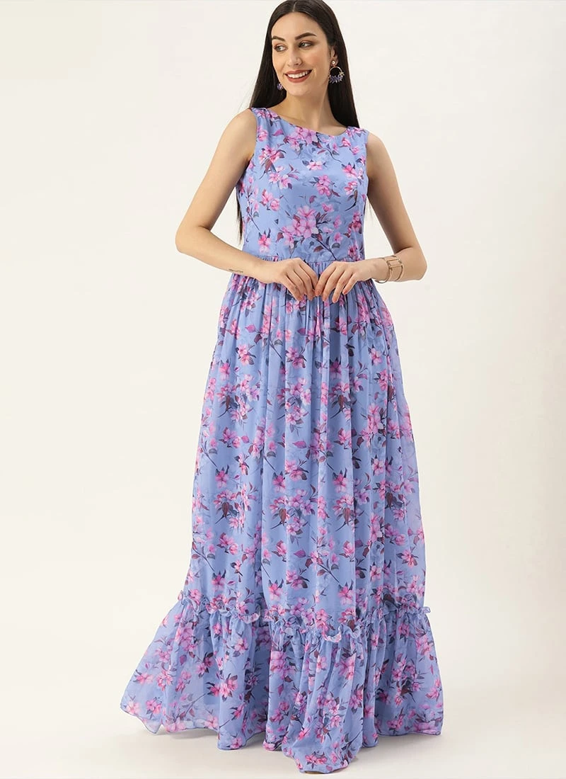 Blue N Pink Digital Printed Georgette Tiered Dress After Six Wear Festive Wear 3 Blue N Pink Digital Printed Georgette Tiered Dress After Six Wear Festive Wear - Image 3