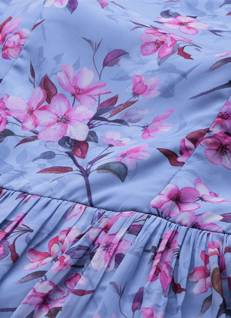 Blue N Pink Digital Printed Georgette Tiered Dress After Six Wear Festive Wear 5 Blue N Pink Digital Printed Georgette Tiered Dress After Six Wear Festive Wear - Image 5