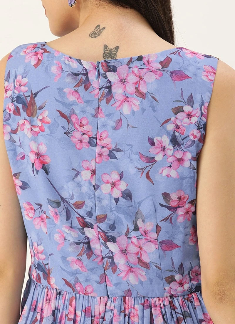 Blue N Pink Digital Printed Georgette Tiered Dress After Six Wear Festive Wear 6 Blue N Pink Digital Printed Georgette Tiered Dress After Six Wear Festive Wear - Image 6