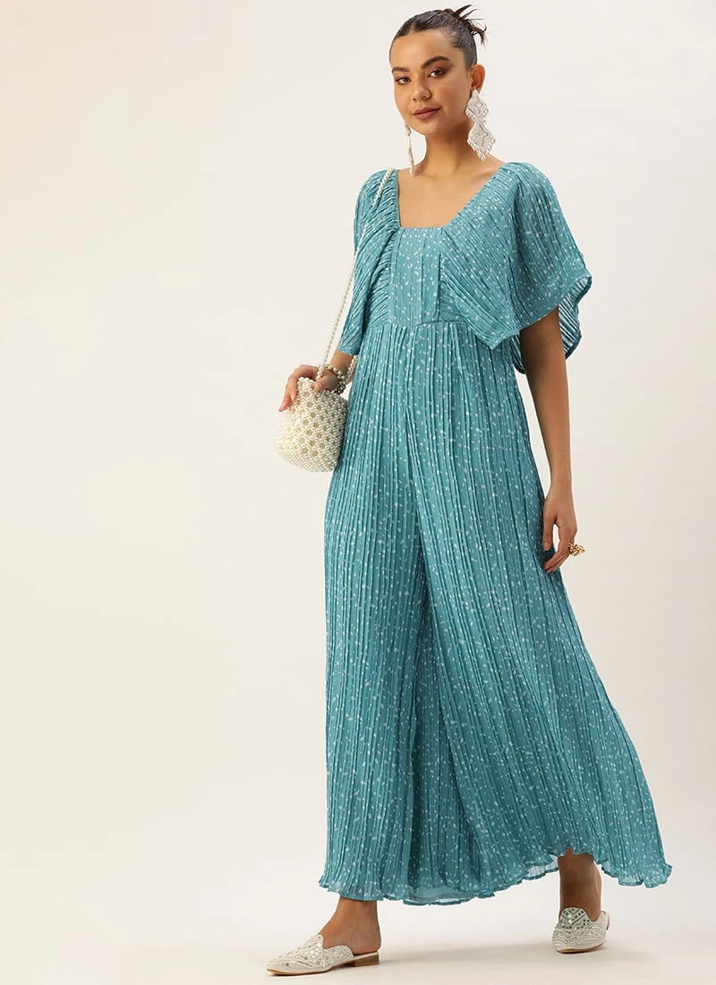 Blue N White Printed Pleated Georgette Jumpsuit Festive Wear After Six Wear 3 Blue N White Printed Pleated Georgette Jumpsuit Festive Wear After Six Wear - Image 3